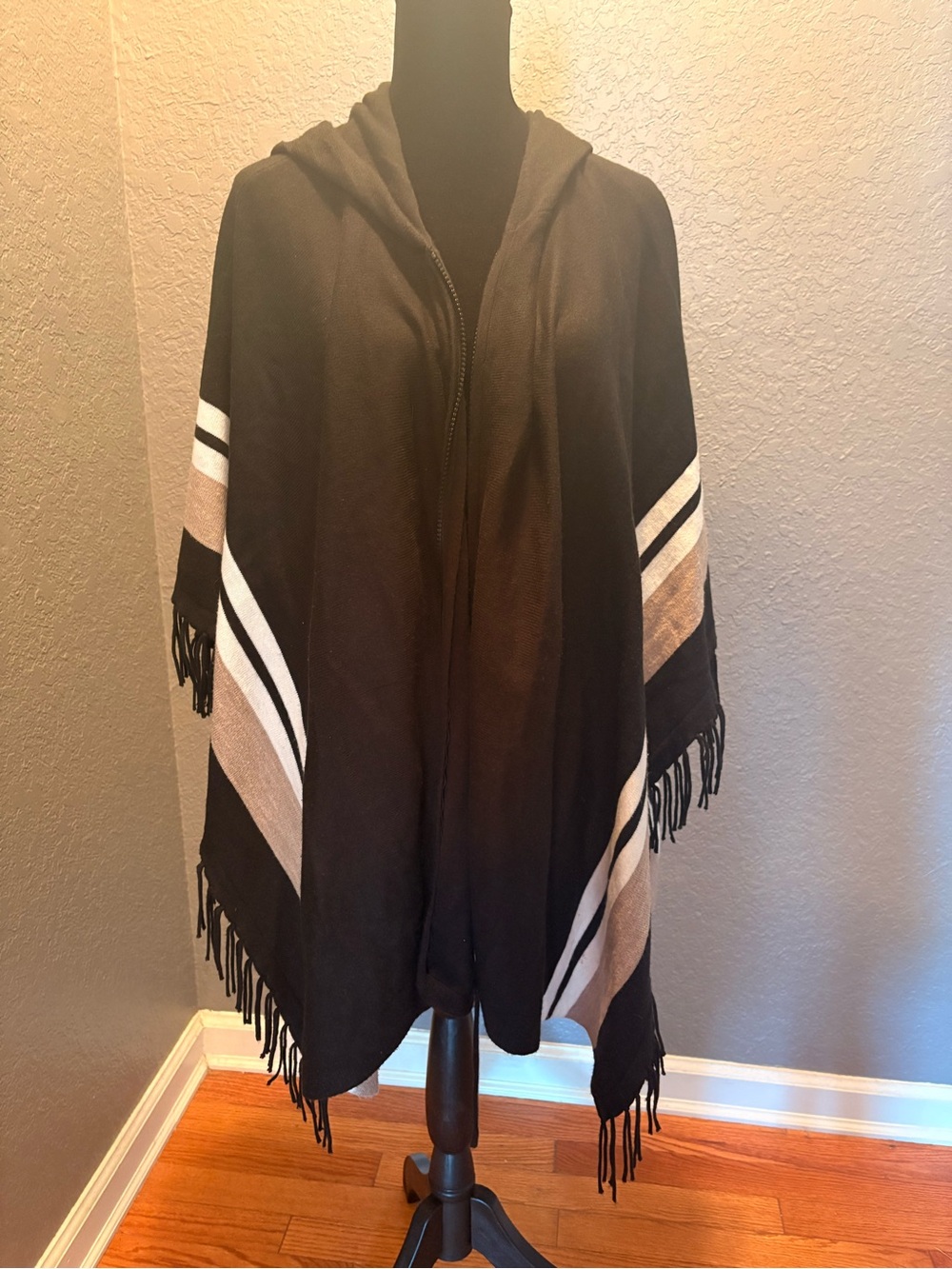 Black Hooded Fringe Cape with Cream & Tan Stripes